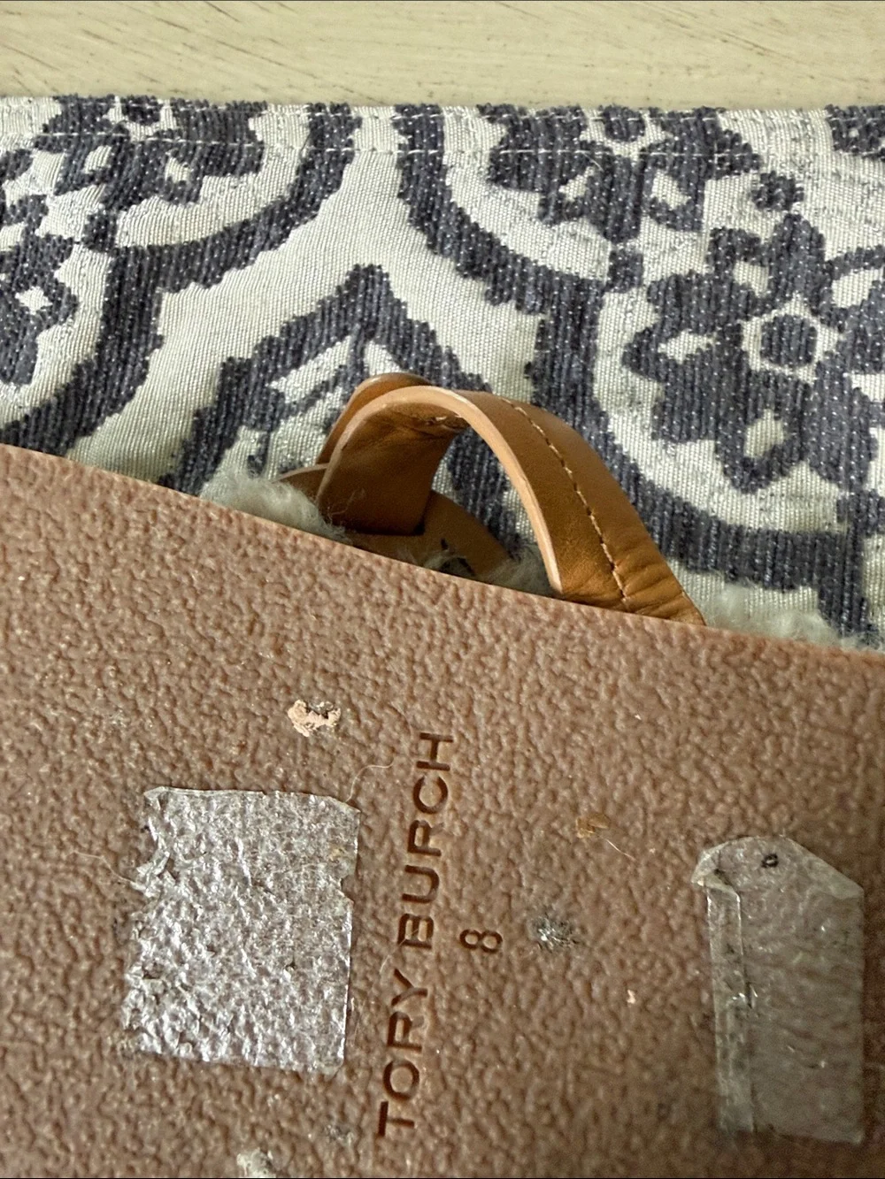 Tory Burch Tan Leather Logo Thong Sandals with Cream Shearling Footbed